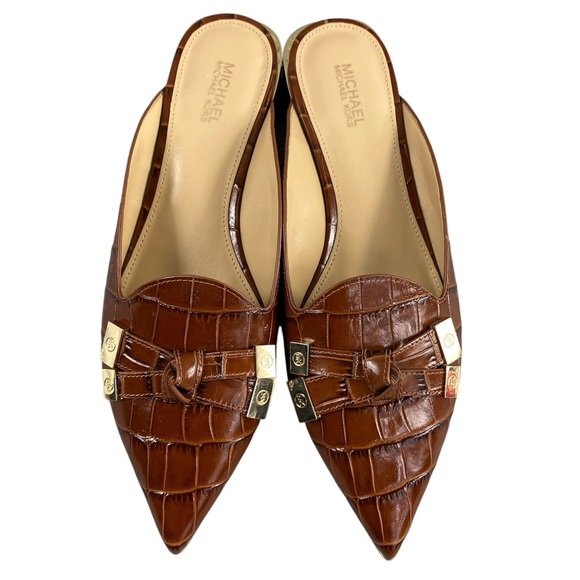 Michael Kors Ripley Pointed‎ Toe Mule Slip on Brown Womens 7M Leather Upper Bow - Picture 1 of 16